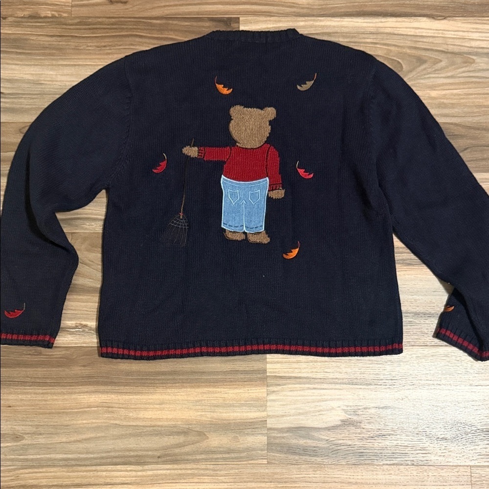 VTG Christopher & Banks Embroidered Bear Crew Neck Sweater Sz M Navy Blue - Picture 6 of 6